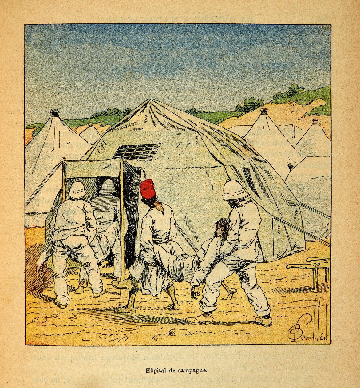 A madagaszkári háború – Az 1885-1895-ös francia expedíciók anekdotikus története, Henri Galli dit Galllichet (1854-1922), illusztrálta: Louis Bombled (1862-1927): Katonai tábori kórház Madagaszkáron 1895-ben, Magángyűjtemény alkotó: Louis Charles Bombled