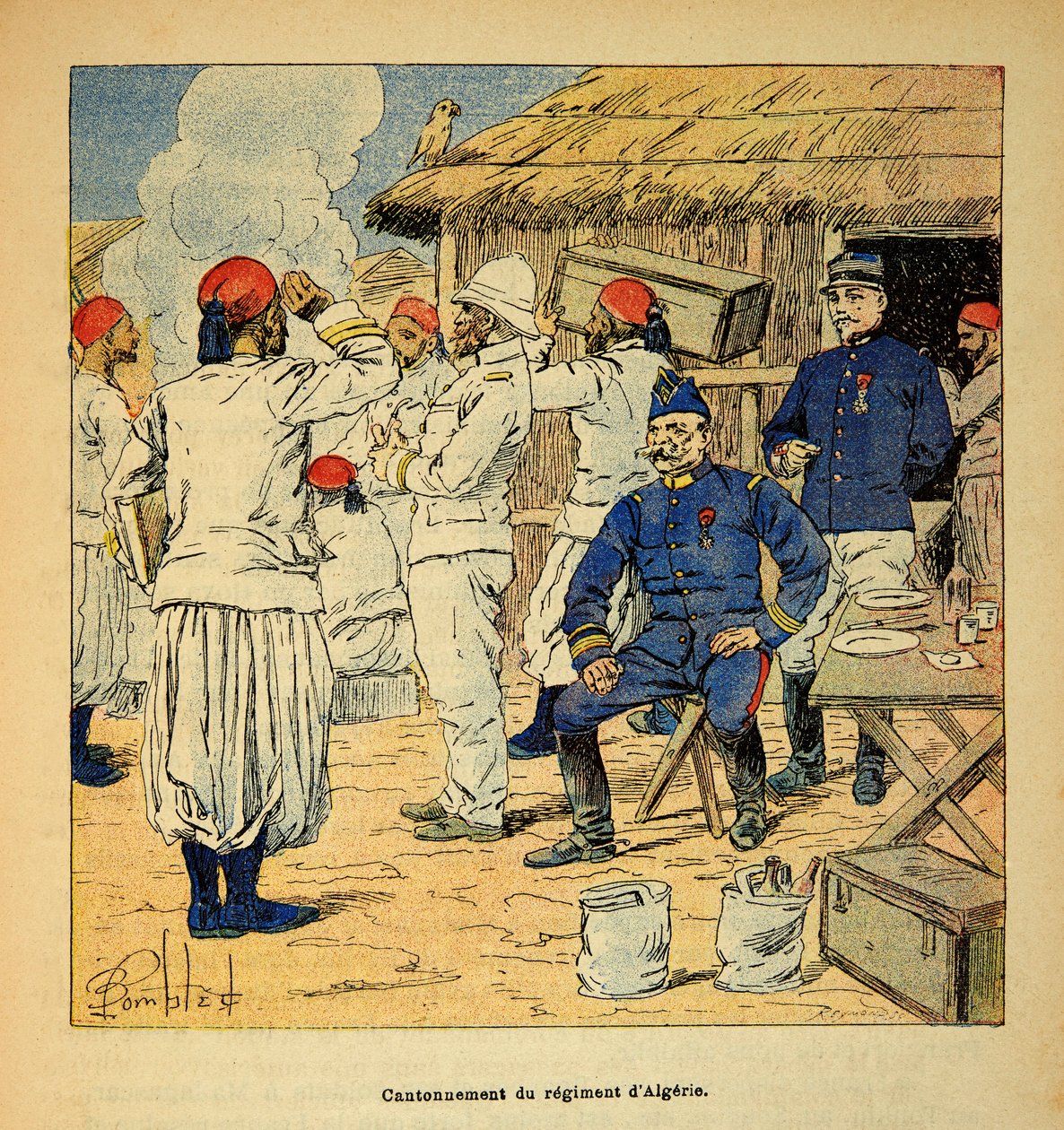 A madagaszkári háború – Az 1885-1895-ös francia expedíciók anekdotikus története, Henri Galli dit Galllichet (1854-1922), illusztrálta Louis Bombled (1862-1927): Algériai ezred kantonálása a francia madagaszkári expedíció során 1895-ben , P alkotó: Louis Charles Bombled
