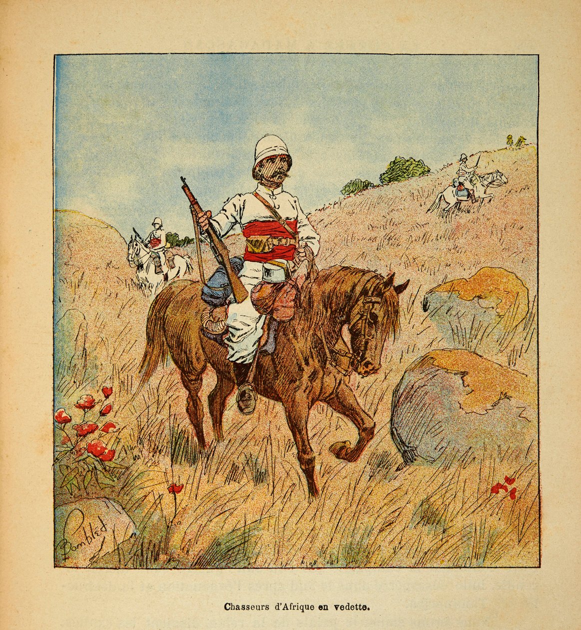 A madagaszkári háború – Az 1885-1895-ös francia expedíciók anekdotikus története, Henri Galli dit Galllichet (1854-1922), illusztrálta: Louis Bombled (1862-1927): Afrika vadásza felderítőben Madagaszkáron 1895-ben, Magángyűjtemény alkotó: Louis Charles Bombled