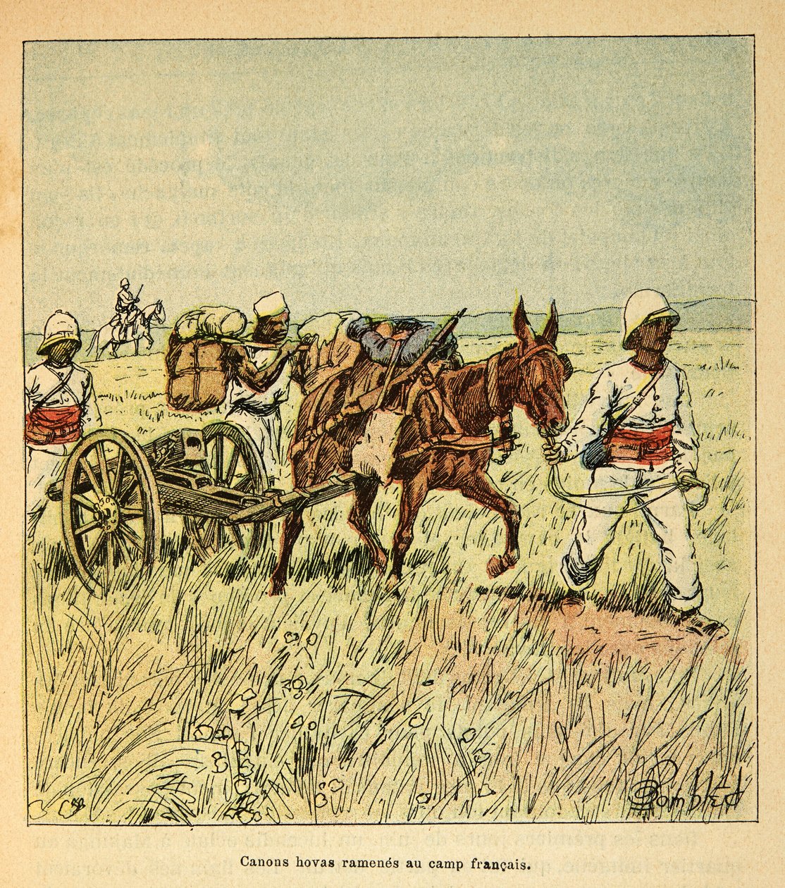A madagaszkári háború – Az 1885-1895-ös francia expedíciók anekdotikus története, Henri Galli dit Galllichet (1854-1922), illusztrálta Louis Bombled (1862-1927): Hovas kanonokokat visszahoztak a francia táborba, Magángyűjtemény alkotó: Louis Charles Bombled