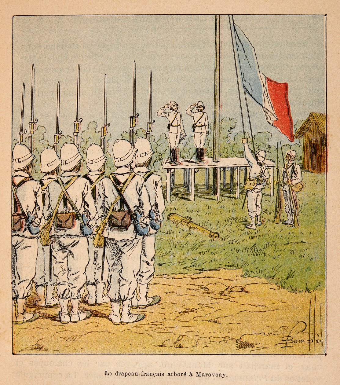 A madagaszkári háború – Az 1885-1895-ös francia expedíciók anekdotikus története, Henri Galli dit Galllichet (1854-1922), illusztrálta Louis Bombled (1862-1927): A francia zászló lebeg Marovoay-nál 1895-ben, Magángyűjtemény alkotó: Louis Charles Bombled