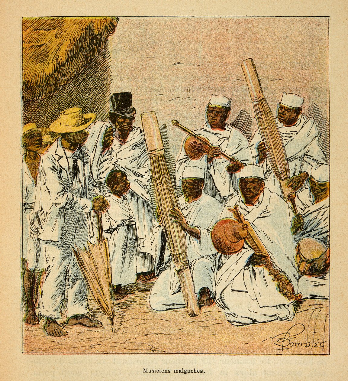 A madagaszkári háború – Az 1885–1895-ös francia expedíciók anekdotikus története, Henri Galli dit Galllichet (1854–1922), illusztrálta: Louis Bombled (1862–1927): Madagaszkári zenészek a 19. században, Magángyűjtemény alkotó: Louis Charles Bombled