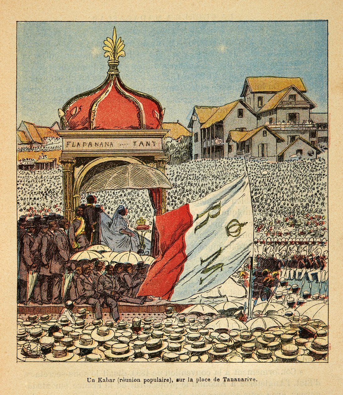 A madagaszkári háború – Az 1885-1895-ös francia expedíciók anekdotikus története, Henri Galli dit Galllichet (1854-1922), illusztrálta: Louis Bombled (1862-1927): Kabar (néptalálkozó) a Tananarive téren a 19. században a Qu jelenléte alkotó: Louis Charles Bombled