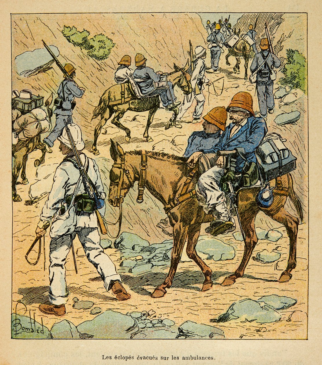 A madagaszkári háború – Az 1885–1895-ös francia expedíciók anekdotikus története, Henri Galli dit Galllichet (1854–1922), illusztrálta: Louis Bombled (1862–1927): A karok elmenekülése a Fortune mentőkön Madagaszkáron, magángyűjtemény alkotó: Louis Charles Bombled