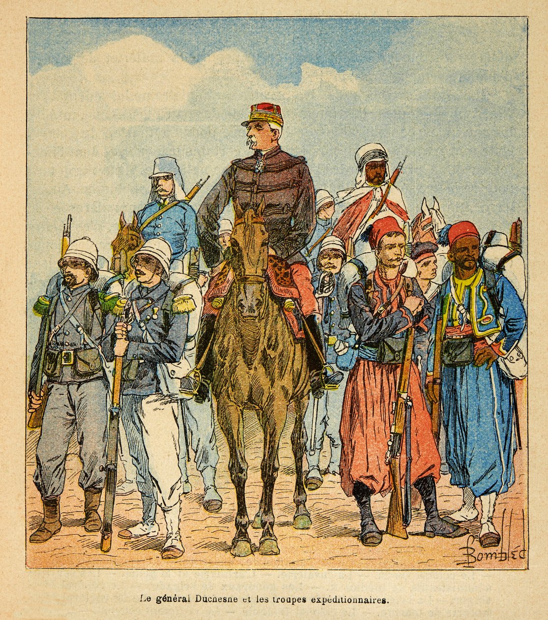 A madagaszkári háború – Az 1885-1895-ös francia expedíciók anekdotikus története, Henri Galli dit Galllichet (1854-1922), illusztrálta: Louis Bombled (1862-1927): Duchesne tábornok a madagaszkári expedíciós csapatokkal, magángyűjtemény alkotó: Louis Charles Bombled