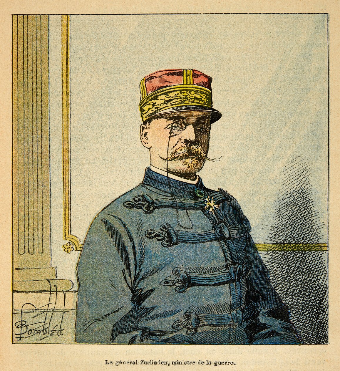 A madagaszkári háború – Az 1885-1895-ös francia expedíciók anekdotikus története, Henri Galli dit Galllichet (1854-1922), illusztrálta: Louis Bombled (1862-1927): Emile Auguste Francois Zurlinden tábornok (1837-1929), miniszter portréja of War, C közlegény alkotó: Louis Charles Bombled