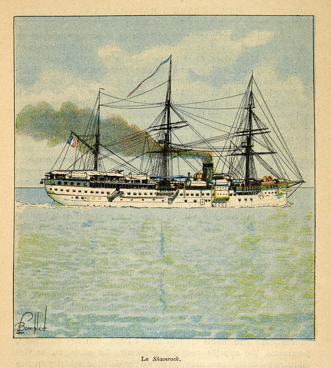 A madagaszkári háború – Az 1885-1895-ös francia expedíciók anekdotikus története, Henri Galli dit Galllichet (1854-1922), illusztrálta: Louis Bombled (1862-1927): A kórházhajó a „Shamrock” Madagaszkár felé tart, magángyűjtemény alkotó: Louis Charles Bombled
