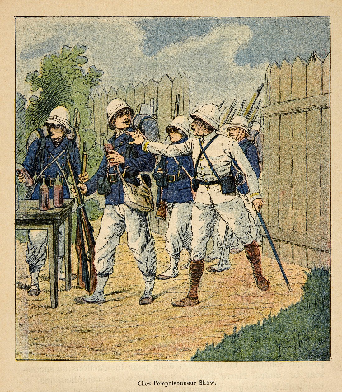 A madagaszkári háború – Az 1885-1895-ös francia expedíciók anekdotikus története, Henri Galli dit Galllichet (1854-1922), illusztrálta Louis Bombled (1862-1927): Francia csapatok a Shaw mérgezőnél 1884-ben (angol metodista lelkész volt). megmérgezve maradt alkotó: Louis Charles Bombled