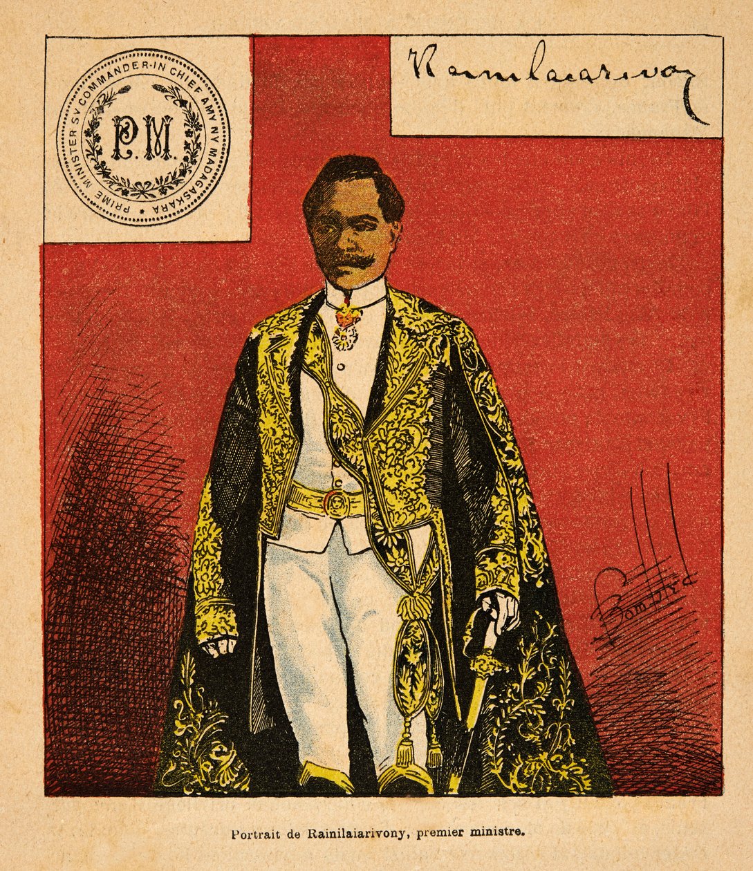 A madagaszkári háború – Az 1885-1895-ös francia expedíciók anekdotikus története, Henri Galli dit Galllichet (1854-1922), illusztrálta: Louis Bombled (1862-1927): Rainilaiarivony miniszterelnök portréja (1828-1896), Magángyűjtemény alkotó: Louis Charles Bombled