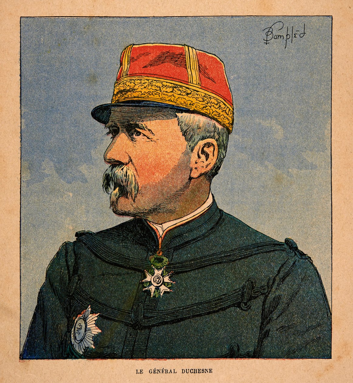 A madagaszkári háború – Az 1885-1895-ös francia expedíciók anekdotikus története, Henri Galli dit Galllichet (1854-1922), illusztrálta: Louis Bombled (1862-1927): Duchesne tábornok (1837-1918) főparancsnok portréja a francia expedíciós erők alkotó: Louis Charles Bombled
