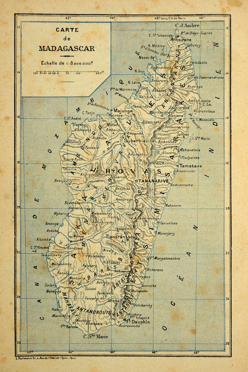 A madagaszkári háború – Az 1885-1895-ös francia expedíciók anekdotikus története, Henri Galli dit Galllichet (1854-1922), illusztrálta: Louis Bombled (1862-1927): Madagaszkár térképe, Magángyűjtemény alkotó: Louis Charles Bombled