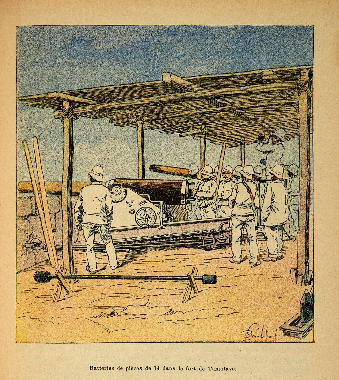 A madagaszkári háború – Az 1885-1895-ös francia expedíciók anekdotikus története, Henri Galli dit Galllichet (1854-1922), illusztrálta: Louis Bombled (1862-1927): 14 darabos dobok a Tamatave-erődben 1895-ben, magángyűjtemény alkotó: Louis Charles Bombled