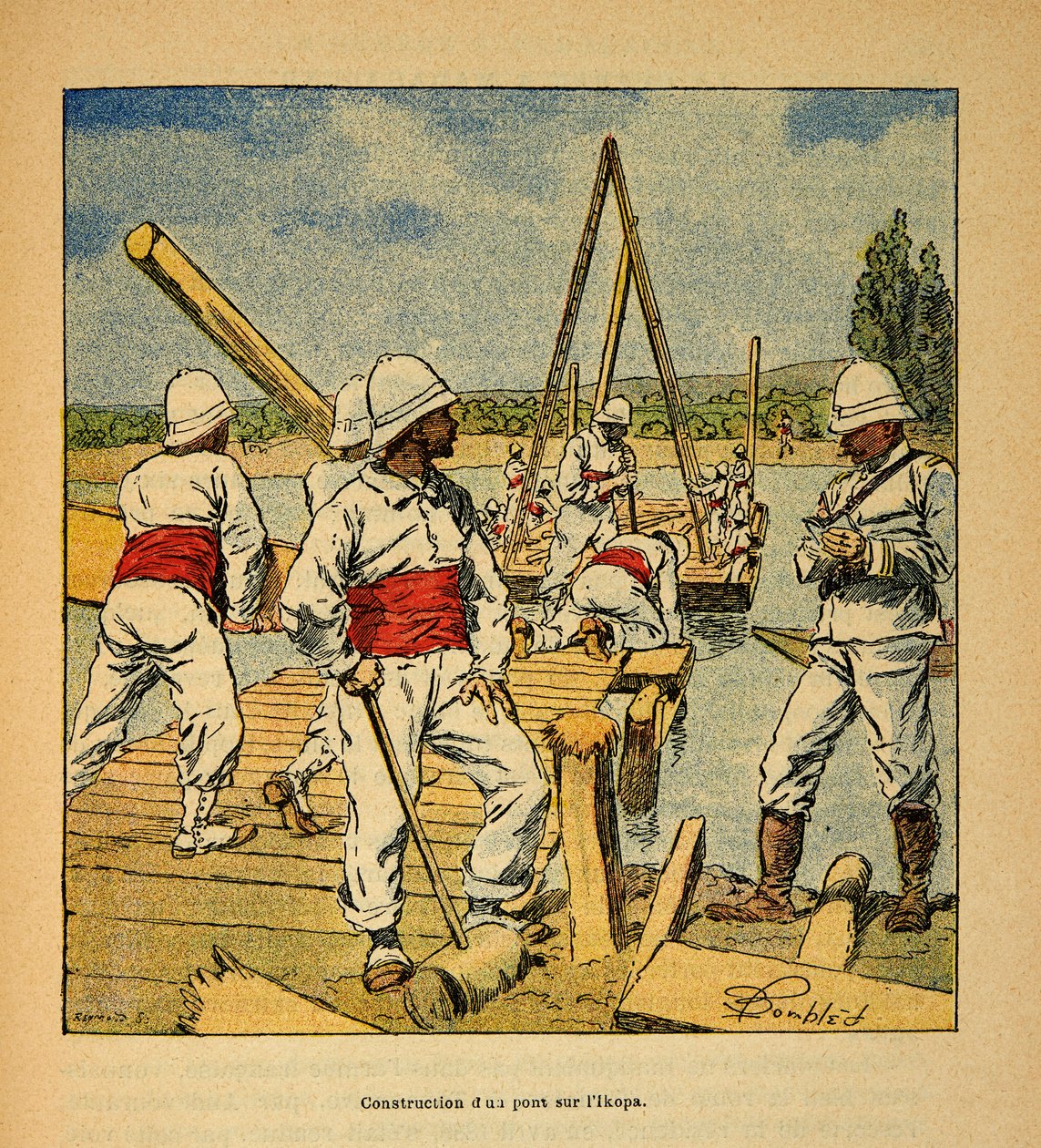 A madagaszkári háború – Az 1885-1895-ös francia expedíciók anekdotikus története, Henri Galli dit Galllichet (1854-1922), illusztrálta Louis Bombled (1862-1927): Hidat épített a dzsinn az Ikopa folyón 1895-ben, Magángyűjtemény alkotó: Louis Charles Bombled