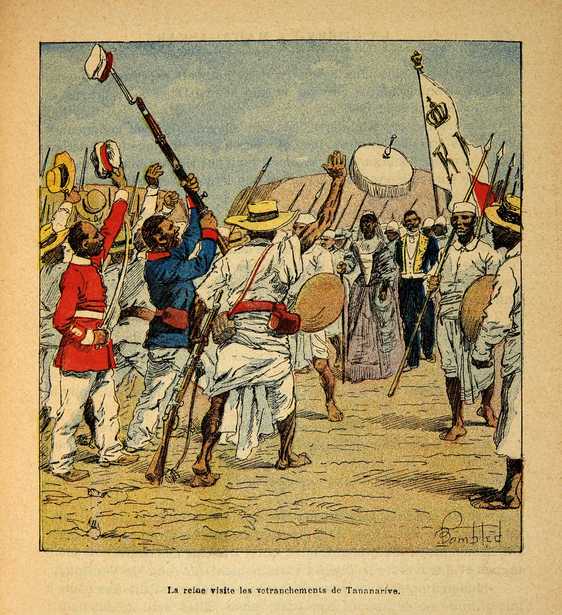 A madagaszkári háború – Az 1885-1895-ös francia expedíciók anekdotikus története, Henri Galli dit Galllichet (1854-1922), illusztrálta Louis Bombled (1862-1927): Ranavalona királynő 1895-ben meglátogatja a Tananarive tömbjeit, magángyűjtemény alkotó: Louis Charles Bombled