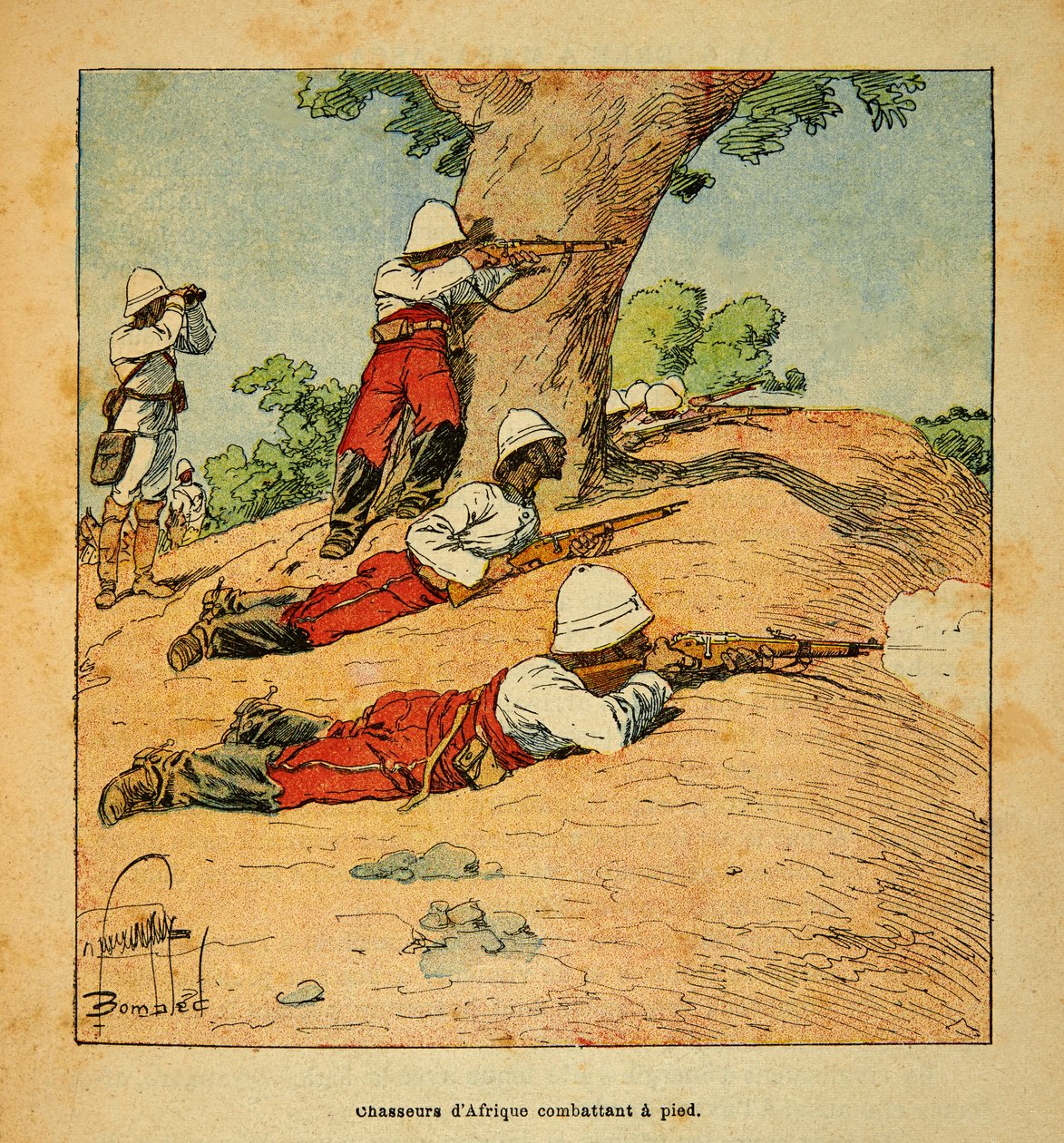 A madagaszkári háború – Az 1885–1895-ös francia expedíciók anekdotikus története, Henri Galli dit Galllichet (1854–1922), illusztrálta: Louis Bombled (1862–1927): Afrika vadászai gyalogosan harcoló Madagaszkáron 1895-ben, Magángyűjtemény alkotó: Louis Charles Bombled