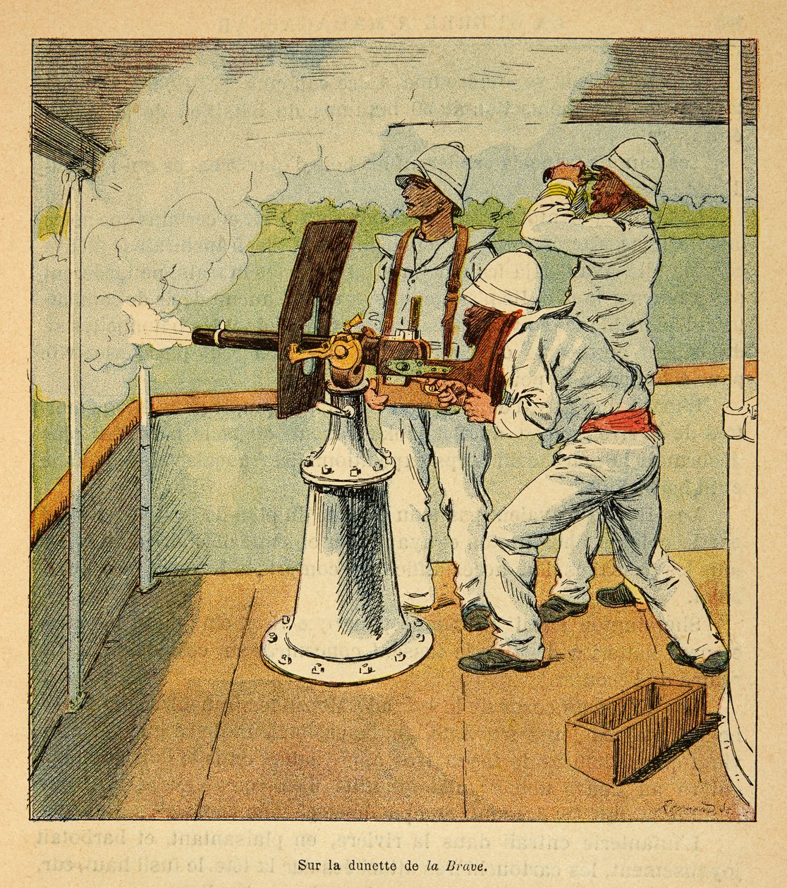 A madagaszkári háború - Az 1885-1895-ös francia expedíciók anekdotikus története Henri Galli dit Galllichet (1854-1922), illusztrálta Louis Bombled (1862-1927): A "La Brave" kanonier fedélzetén 1895-ben a Hovasra leadott ágyúlövés, magángyűjtemény. alkotó: Louis Charles Bombled