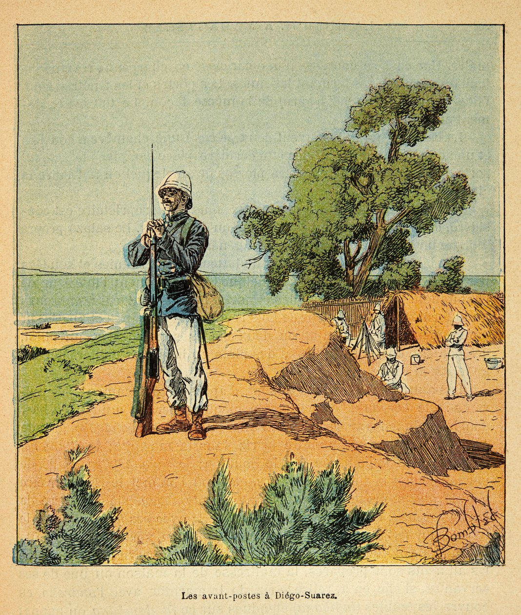 A madagaszkári háború – Az 1885-1895-ös francia expedíciók anekdotikus története, Henri Galli dit Galllichet (1854-1922), illusztrálta Louis Bombled (1862-1927): Francia előőrs Diego-Suarezben Madagaszkáron 1885-ben, Magángyűjtemény alkotó: Louis Charles Bombled
