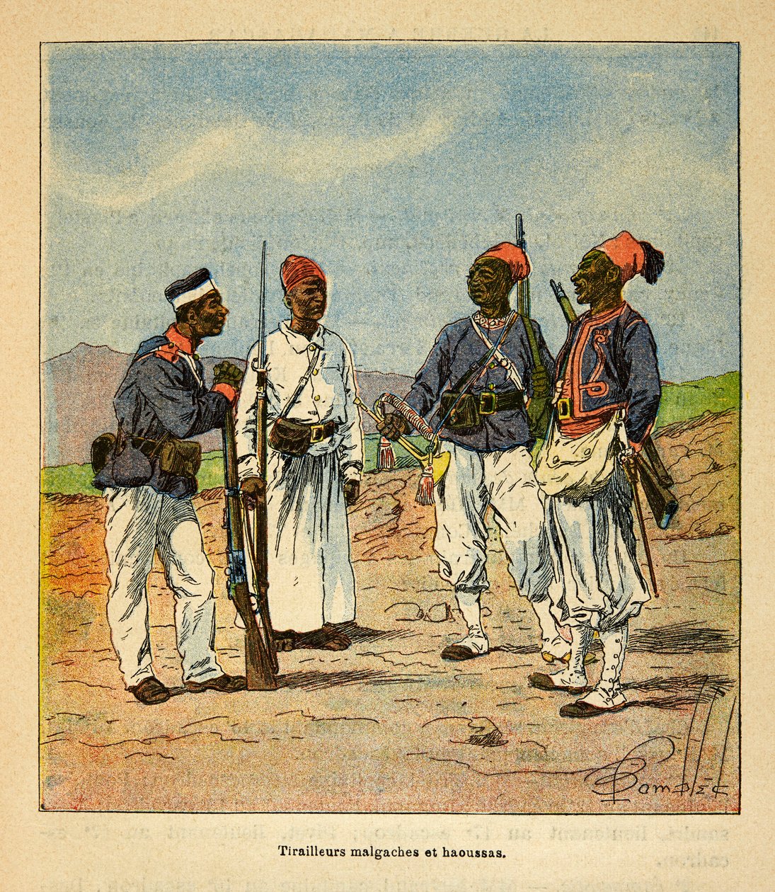 A madagaszkári háború – Az 1885-1895-ös francia expedíciók anekdotikus története, Henri Galli dit Galllichet (1854-1922), illusztrálta: Louis Bombled (1862-1927): Madagaszkár és Haoussas Tirailleurs, Magángyűjtemény alkotó: Louis Charles Bombled