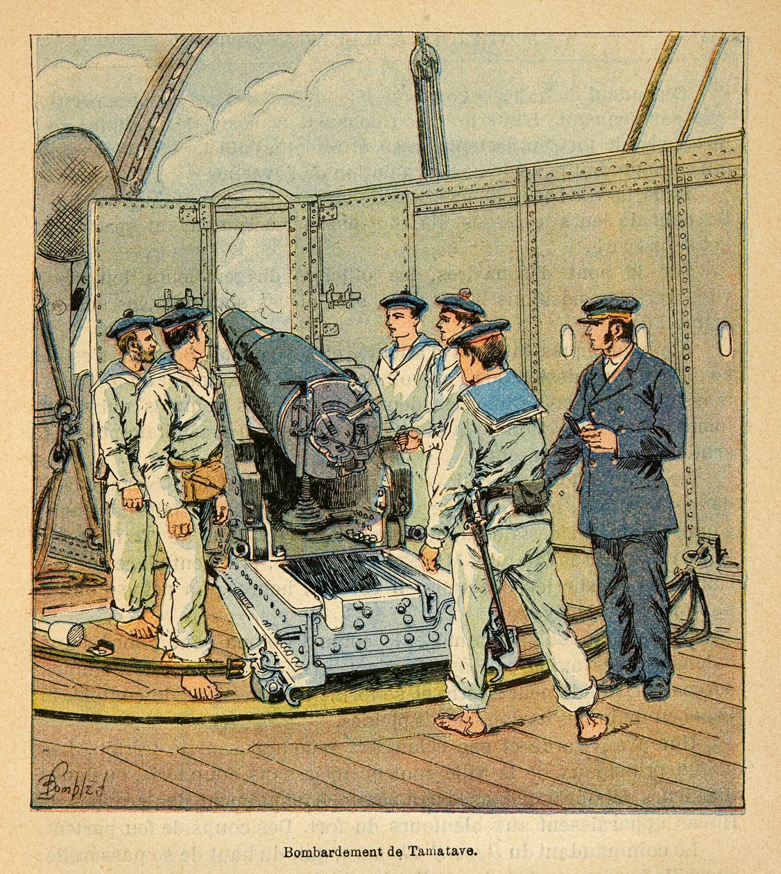 A madagaszkári háború – Az 1885-1895-ös francia expedíciók anekdotikus története, Henri Galli dit Galllichet (1854-1922), illusztrálta: Louis Bombled (1862-1927): Tamatave bombázása a francia haditengerészet által, magángyűjtemény alkotó: Louis Charles Bombled