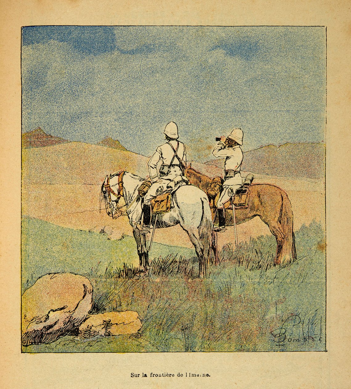 A madagaszkári háború – Az 1885-1895-ös francia expedíciók anekdotikus története, Henri Galli dit Galllichet (1854-1922), illusztrálta: Louis Bombled (1862-1927): Katonaság felderítésben Imerne és Madagaszkár határán, közlegény 1895-ben Gyűjtemény alkotó: Louis Charles Bombled