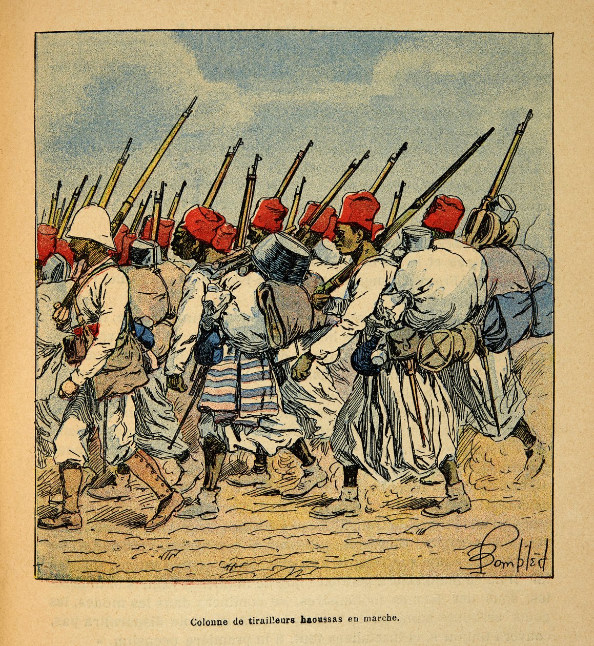 A madagaszkári háború – Az 1885-1895-ös francia expedíciók anekdotikus története, Henri Galli dit Galllichet (1854-1922), illusztrálta: Louis Bombled (1862-1927): Haoussas Tirailleurs 1895-ben menetelő oszlopa, Magángyűjtemény alkotó: Louis Charles Bombled