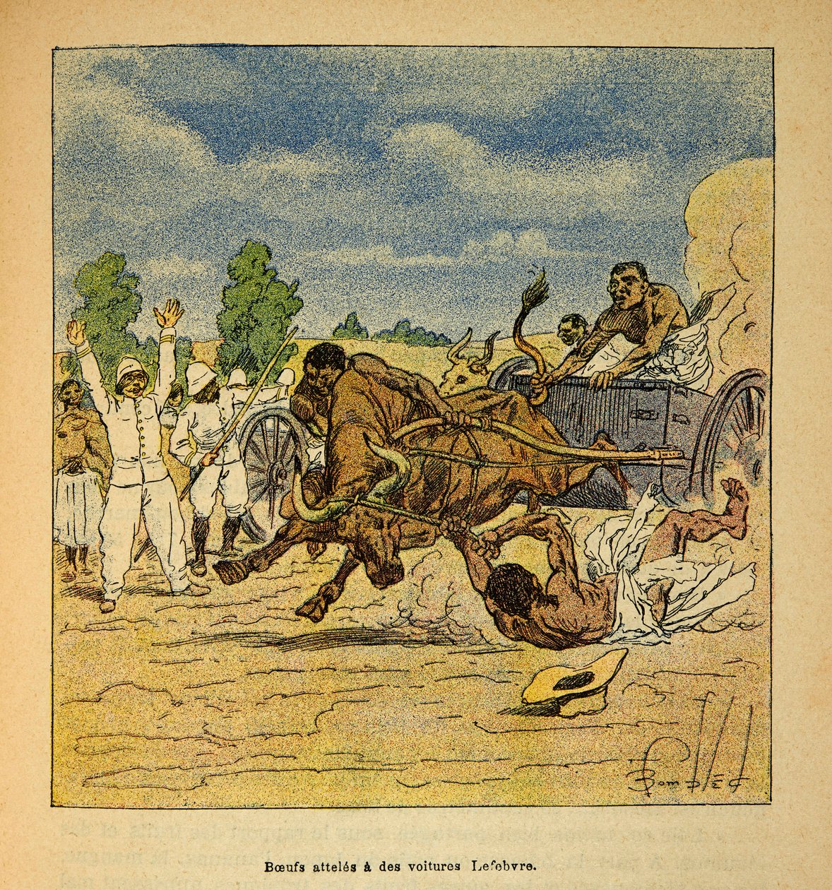 A madagaszkári háború - Az 1885-1895-ös francia expedíciók anekdotikus története Henri Galli dit Galllichet (1854-1922), illusztrálta Louis Bombled (1862-1927): Boeufs által elért autók Lefebvre, magángyűjtemény alkotó: Louis Charles Bombled