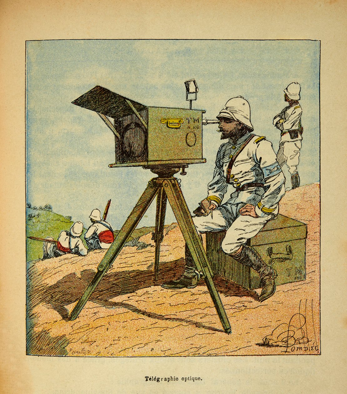A madagaszkári háború - Az 1885-1895-ös francia expedíciók anekdotikus története Henri Galli dit Galllichet (1854-1922), illusztrálta Louis Bombled (1862-1927): Optikai távírás 1895-ben, magángyűjtemény. alkotó: Louis Charles Bombled