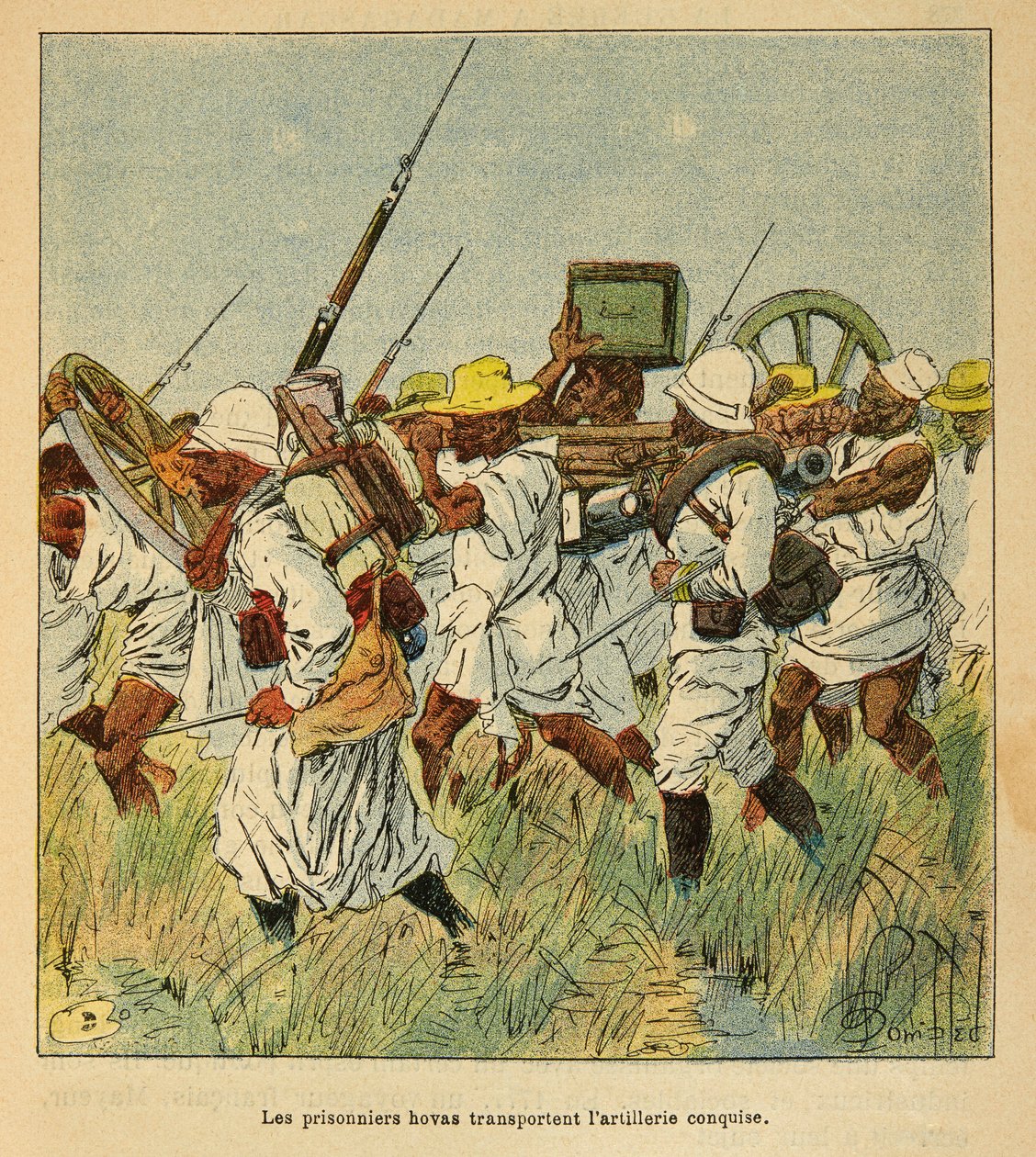 A madagaszkári háború - Az 1885-1895-ös francia expedíciók anekdotikus története Henri Galli dit Galllichet (1854-1922), illusztrálta Louis Bombled (1862-1927): Foglyok Hovas tüzérségi darabok szállítására használt Hovas, magángyűjtemény. alkotó: Louis Charles Bombled