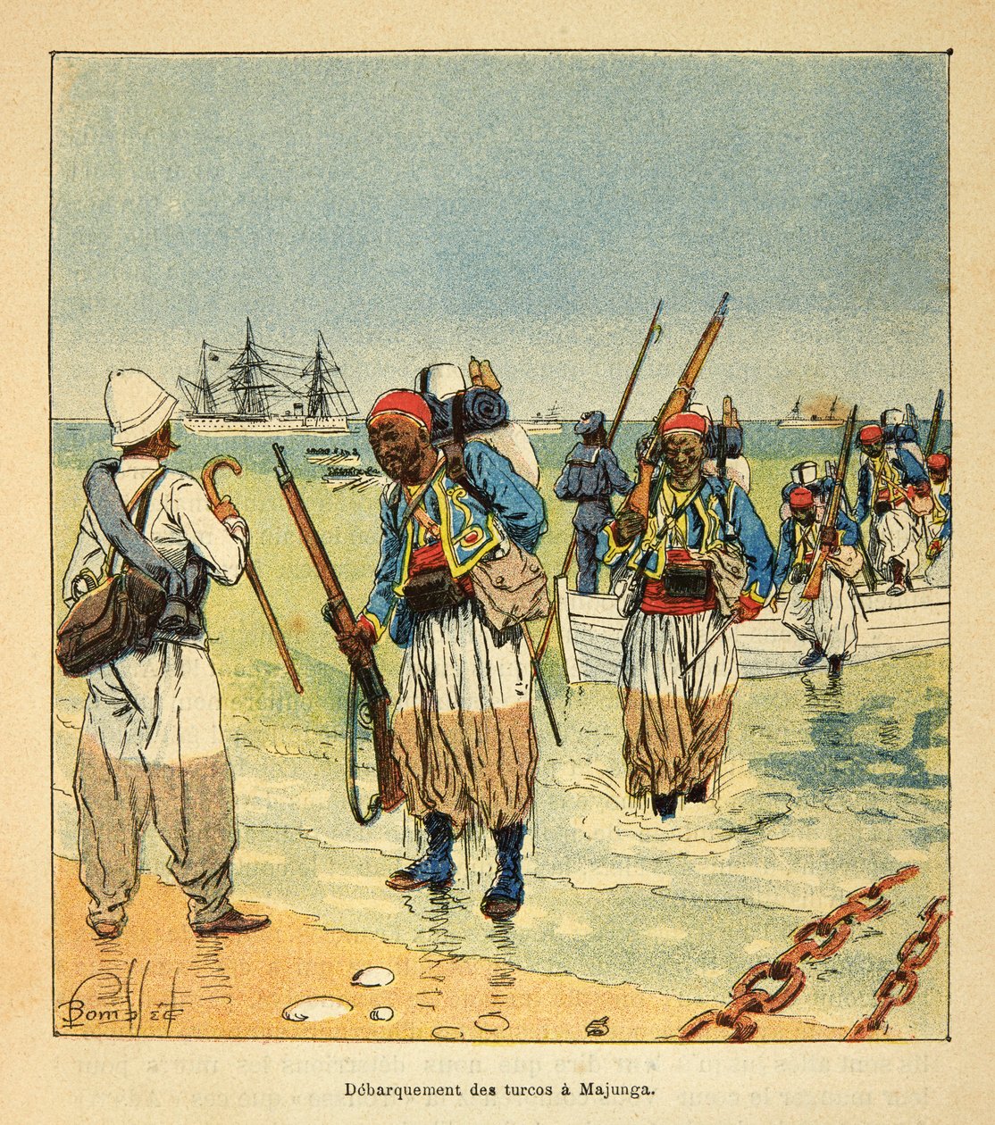 A madagaszkári háború – Az 1885-1895-ös francia expedíciók anekdotikus története, Henri Galli dit Galllichet (1854-1922), illusztrálta Louis Bombled (1862-1927): Debarquement des Turcos a Majunga, Magángyűjtemény alkotó: Louis Charles Bombled