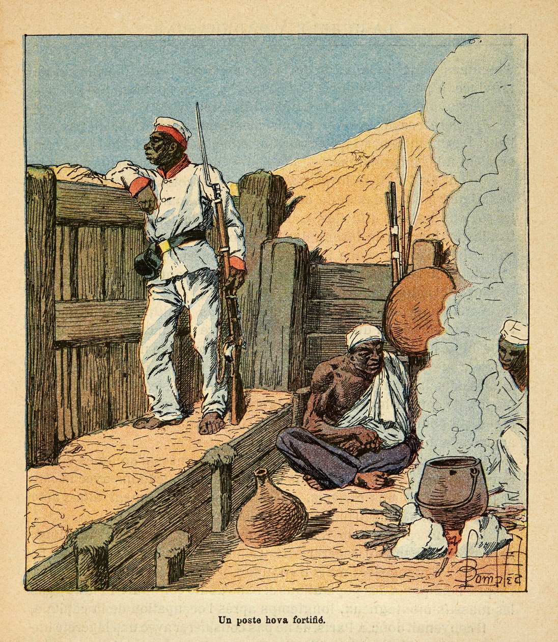 A madagaszkári háború – Az 1885-1895-ös francia expedíciók anekdotikus története, Henri Galli dit Galllichet (1854-1922), illusztrálta: Louis Bombled (1862-1927): A Hova megerősít, magángyűjtemény alkotó: Louis Charles Bombled