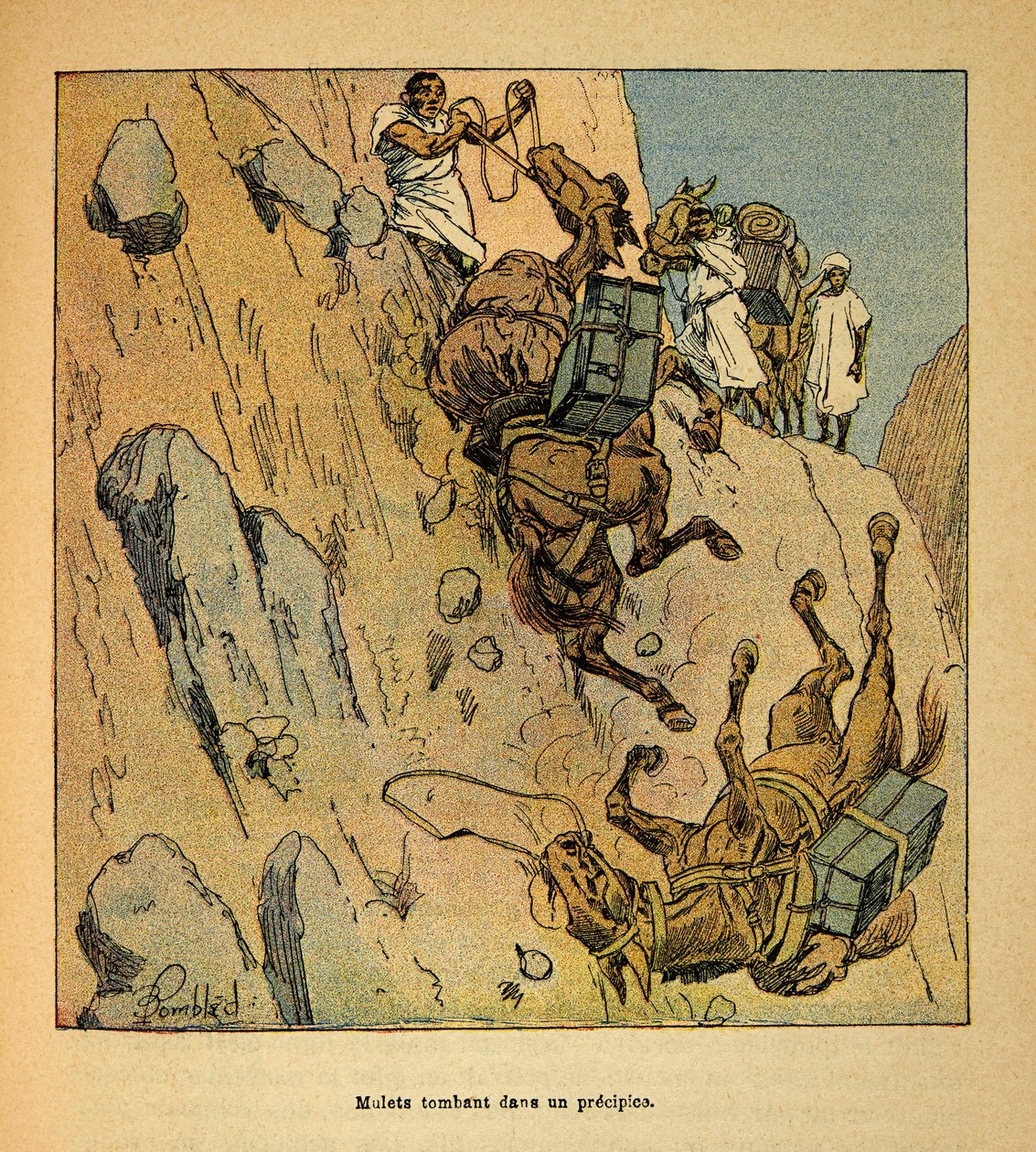 A madagaszkári háború – Az 1885-1895-ös francia expedíciók anekdotikus története, Henri Galli dit Galllichet (1854-1922), illusztrálta: Louis Bombled (1862-1927): Szakadékba zuhanó katonai konvoj mulettek, Külön gyűjtemény alkotó: Louis Charles Bombled