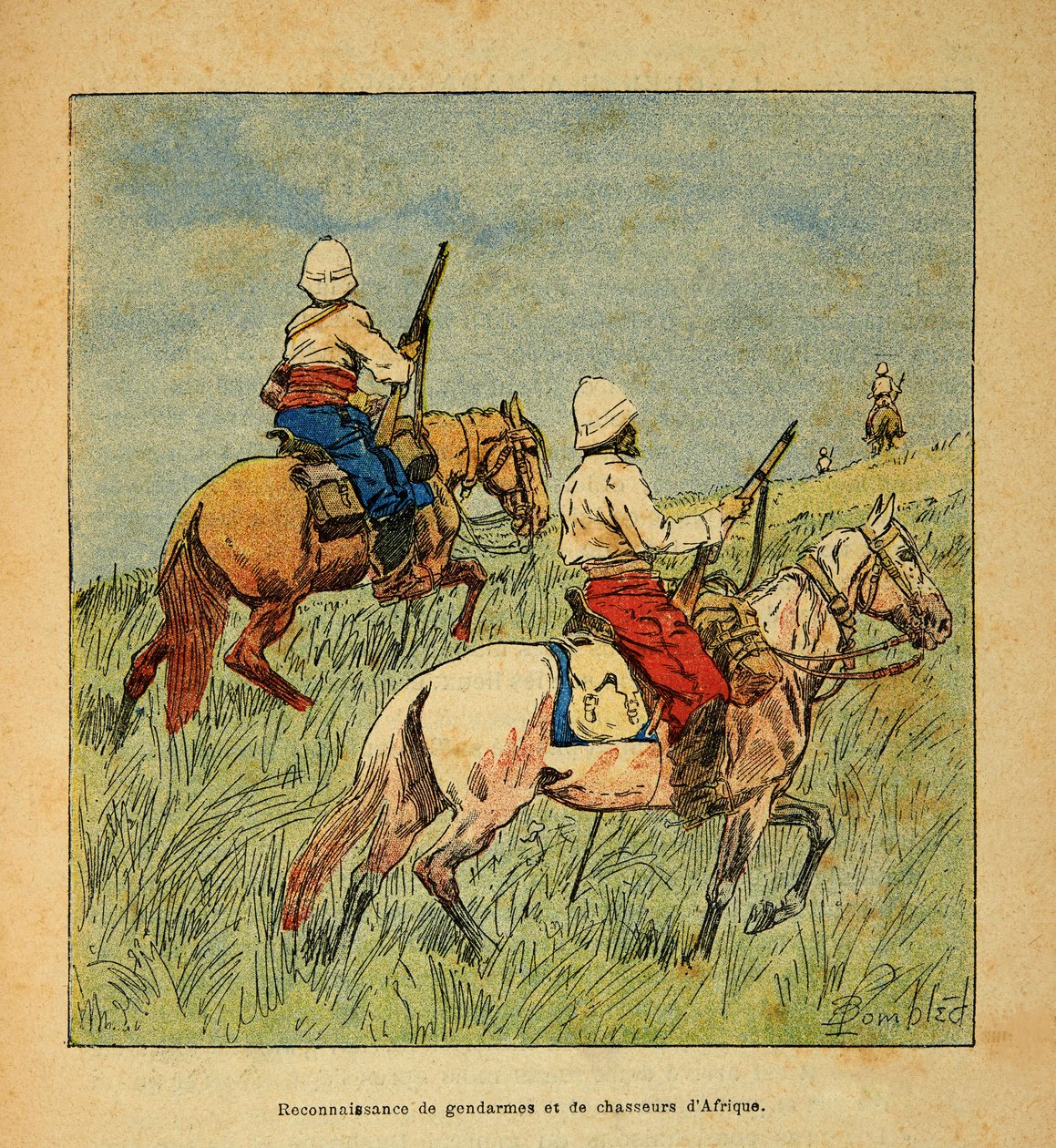 A madagaszkári háború – Az 1885-1895-ös francia expedíciók anekdotikus története, Henri Galli dit Galllichet (1854-1922), illusztrálta: Louis Bombled (1862-1927): Az afrikai csendőrök és vadászok elismerése Madagaszkáron 1895-ben, Magángyűjtemény alkotó: Louis Charles Bombled
