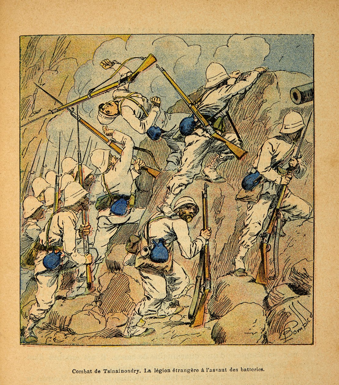 A madagaszkári háború – Az 1885-1895-ös francia expedíciók anekdotikus története, Henri Galli dit Galllichet (1854-1922), illusztrálta Louis Bombled (1862-1927): Tsinainondry-i csata, az idegenlégió a Hovas-ütegek támadásában 1895-ben Pr alkotó: Louis Charles Bombled