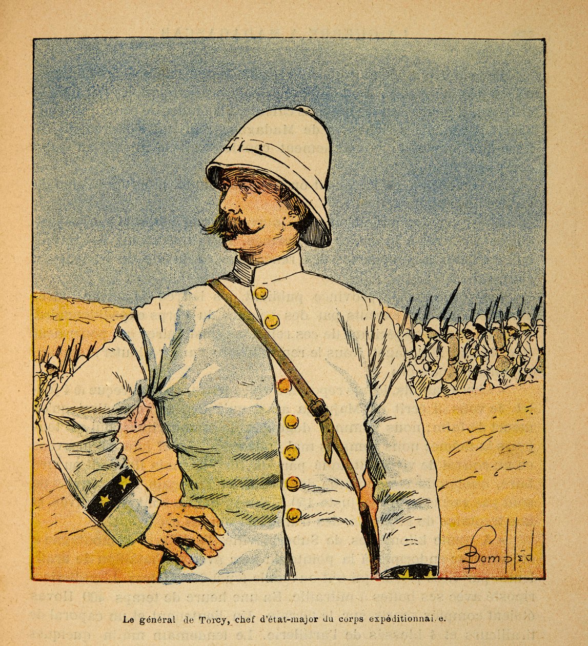 A madagaszkári háború – Az 1885–1895-ös francia expedíciók anekdotikus története, Henri Galli dit Galllichet (1854–1922), illusztrálta: Louis Bombled (1862–1927): De Torcy tábornok (1844–1918), vezérkari főnök portréja a madagi expedíciós erők alkotó: Louis Charles Bombled