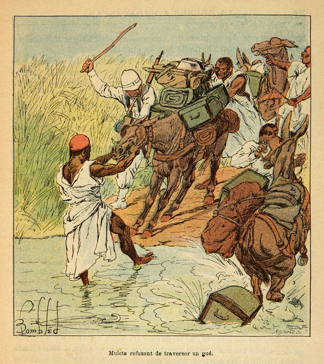 A madagaszkári háború – Az 1885–1895-ös francia expedíciók anekdotikus története, Henri Galli dit Galllichet (1854–1922), illusztrálta: Louis Bombled (1862–1927): Mulettek, akik nem hajlandók keresztbe tenni egy tévhitet a francia madagaszkári expedíció so alkotó: Louis Charles Bombled