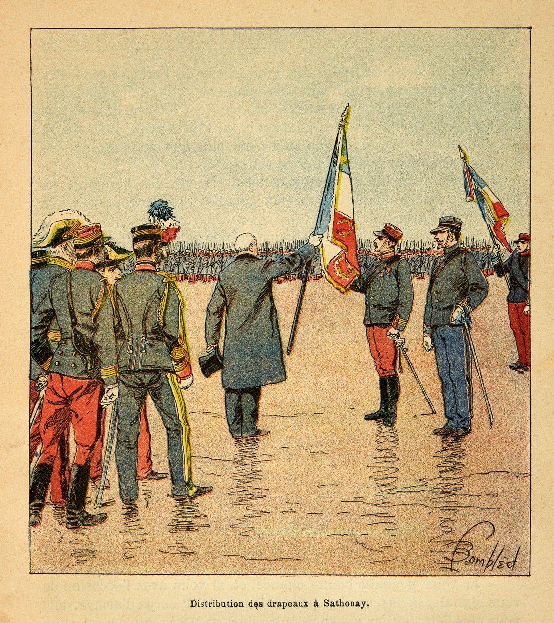 A madagaszkári háború – Az 1885-1895-ös francia expedíciók anekdotikus története, Henri Galli dit Galllichet (1854-1922), illusztrálta Louis Bombled (1862-1927): Zászlók kiosztása Sathonayban a Madagaszkárra induló csapatok között 1895-ben a sajtó alkotó: Louis Charles Bombled