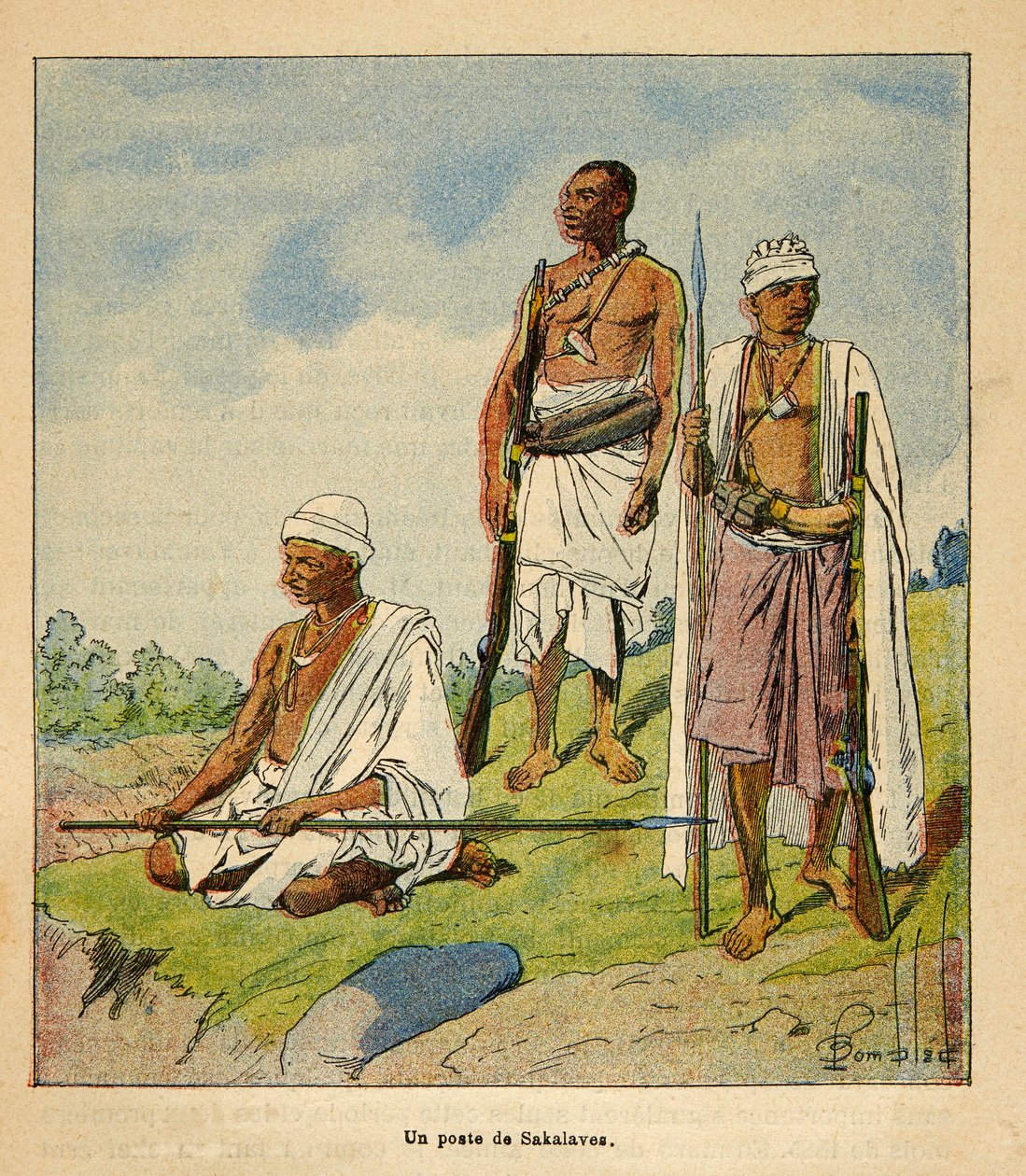A madagaszkári háború – Az 1885-1895-ös francia expedíciók anekdotikus története, Henri Galli dit Galllichet (1854-1922), illusztrálta: Louis Bombled (1862-1927): Sakalavas harcos, Magángyűjtemény alkotó: Louis Charles Bombled