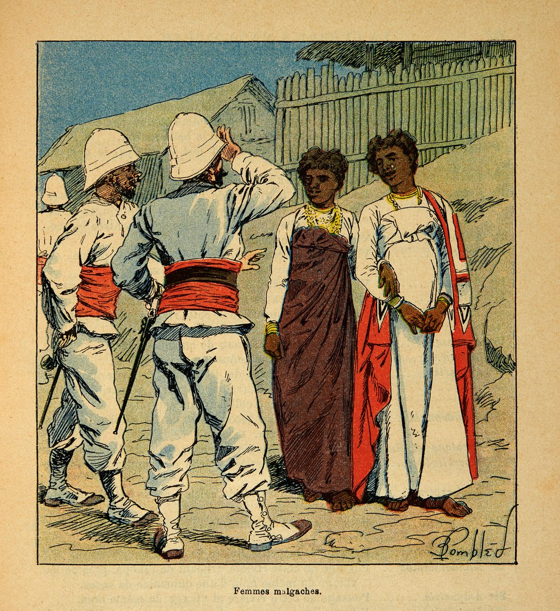 A madagaszkári háború - Az 1885-1895-ös francia expedíciók anekdotikus története Henri Galli dit Galllichet (1854-1922), illusztrálta Louis Bombled (1862-1927): Francia katonák szimpatizálnak a madagaszkári nőkkel, magángyűjtemény. alkotó: Louis Charles Bombled