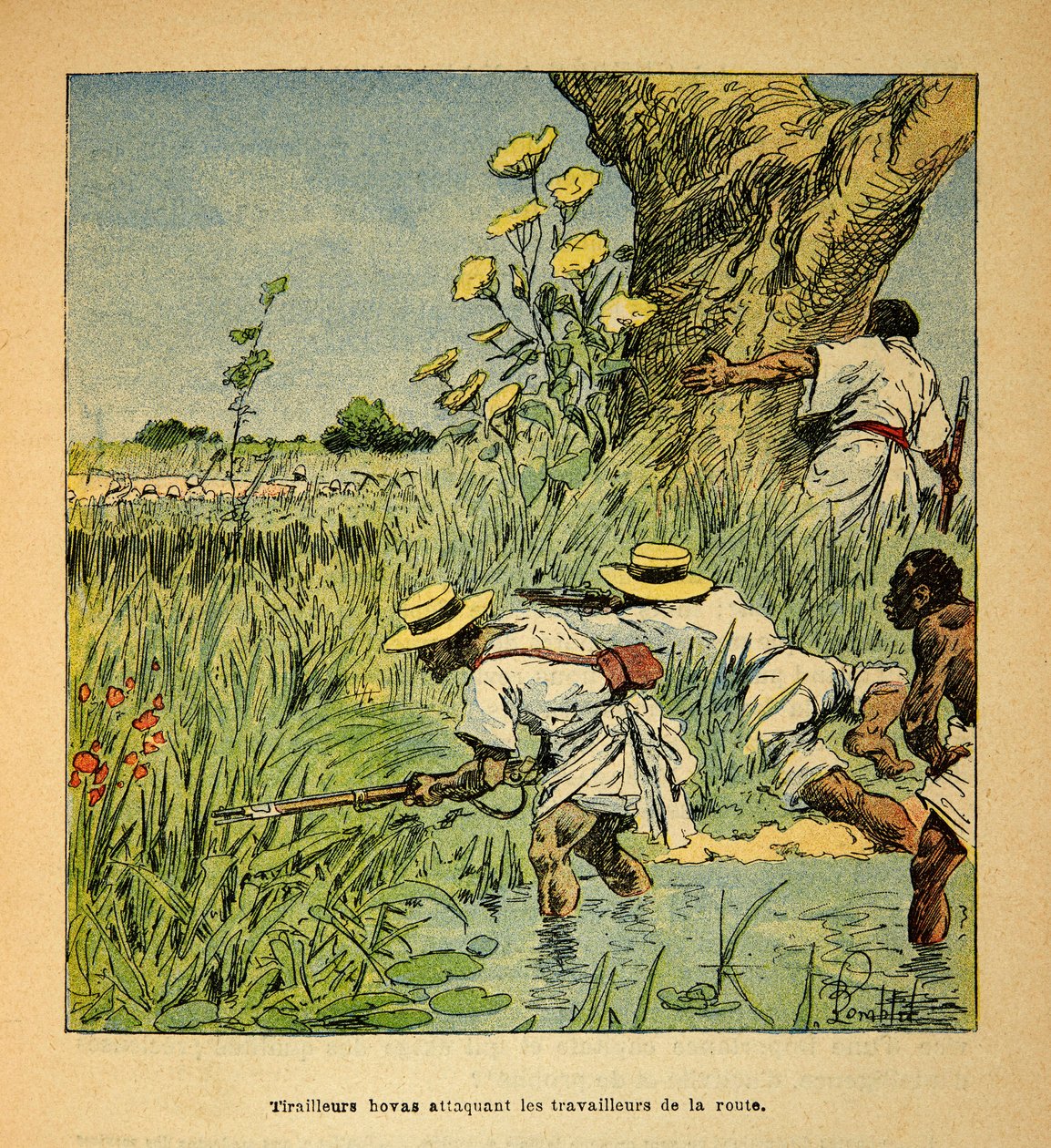 A madagaszkári háború - Az 1885-1895-ös francia expedíciók története, írta Henri Galli dit Galllichet (1854-1922), illusztrálta Louis Bombled (1862-1927): Hovas Tirailleurs az utat építő katonaságot támadja 1895-ben, magángyűjtemény alkotó: Louis Charles Bombled