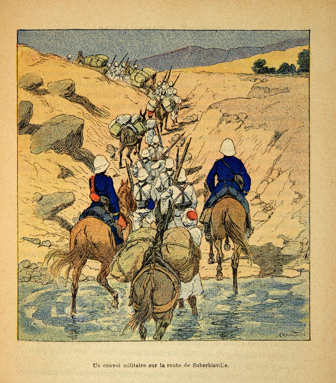 A madagaszkári háború - Az 1885-1895-ös francia expedíciók története Henri Galli dit Galllichet (1854-1922), Louis Bombled (1862-1927) illusztrációjával: katonai konvoj a Suberbieville felé vezető úton 1895-ben, magángyűjtemény. alkotó: Louis Charles Bombled