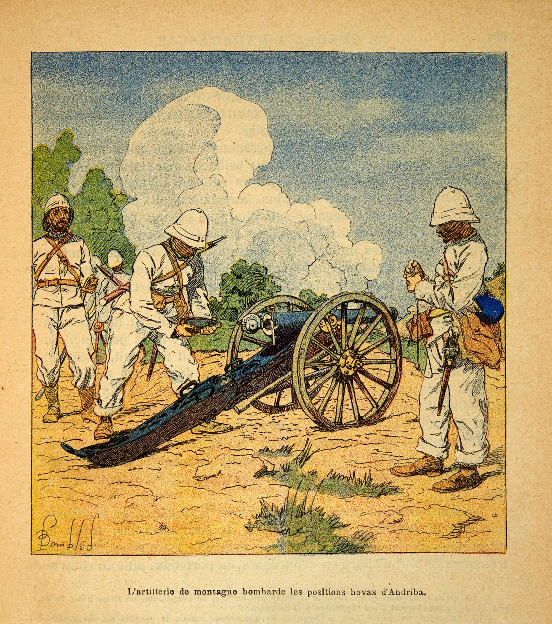 A madagaszkári háború - Az 1885-1895-ös francia expedíciók anekdotikus története Henri Galli dit Galllichet (1854-1922), illusztrálta Louis Bombled (1862-1927): A hegyi tüzérség bombázta a Hovas a Andriba állásokat 1895-ben, magángyűjtemény. alkotó: Louis Charles Bombled