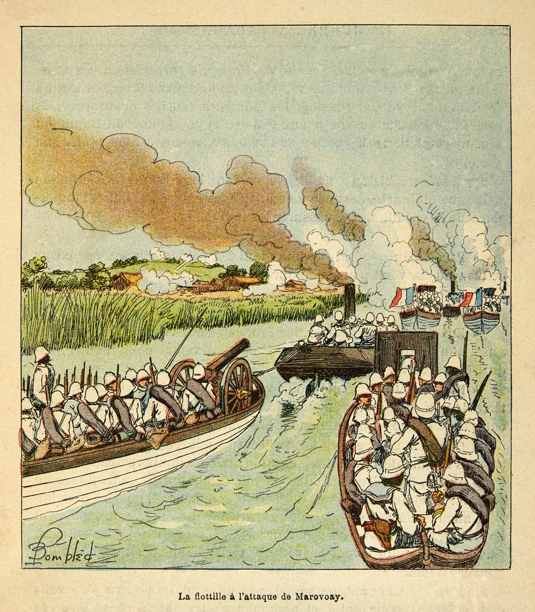 A madagaszkári háború - Az 1885-1895-ös francia expedíciók anekdotikus története Henri Galli dit Galllichet (1854-1922), illusztrálta Louis Bombled (1862-1927): A tengerészgyalogság megtámadta Marovoay városát 1895-ben, magángyűjtemény. alkotó: Louis Charles Bombled
