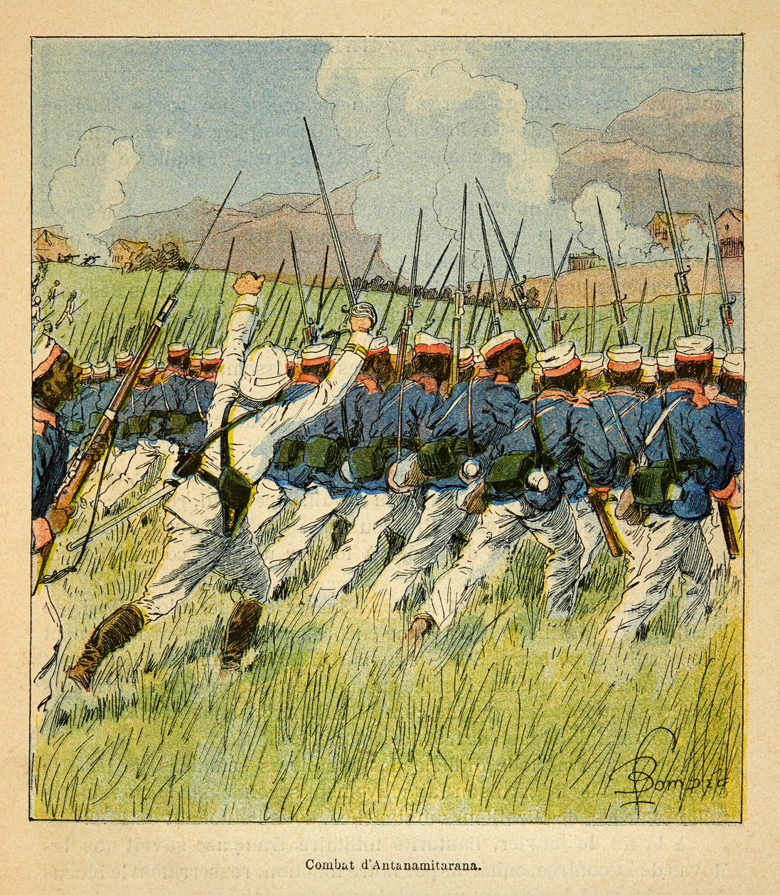 A madagaszkári háború - Az 1885-1895-ös francia expedíciók anekdotikus története Henri Galli dit Galllichet (1854-1922), illusztrálta Louis Bombled (1862-1927): Francia csapatok az 1895-ös antanamitaranai harcok során, magángyűjtemény. alkotó: Louis Charles Bombled