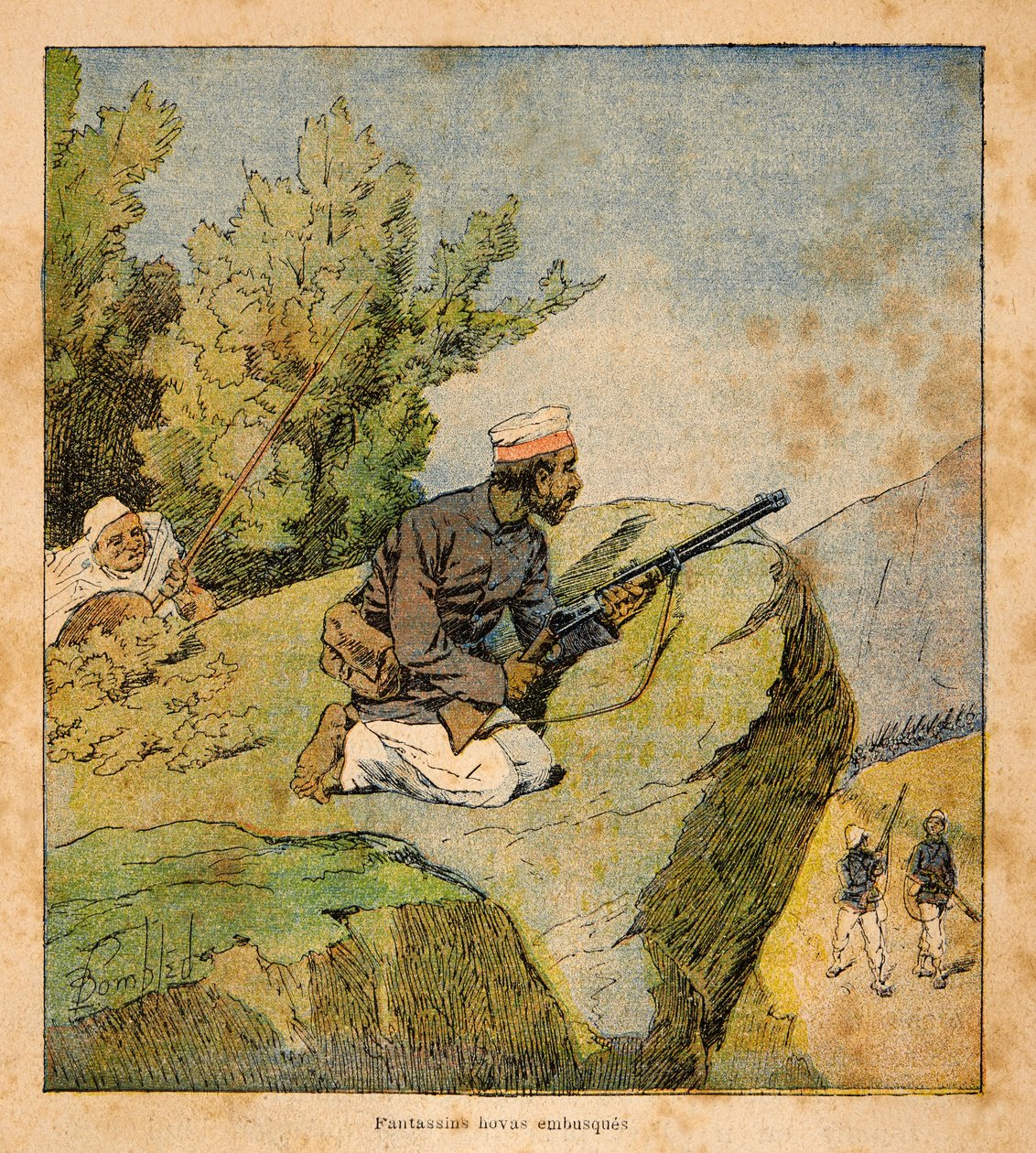 A madagaszkári háború - Az 1885-1895-ös francia expedíciók anekdotikus története Henri Galli dit Galllichet (1854-1922), illusztrálta Louis Bombled (1862-1927): Hovas Ambushes, magángyűjtemény. alkotó: Louis Charles Bombled