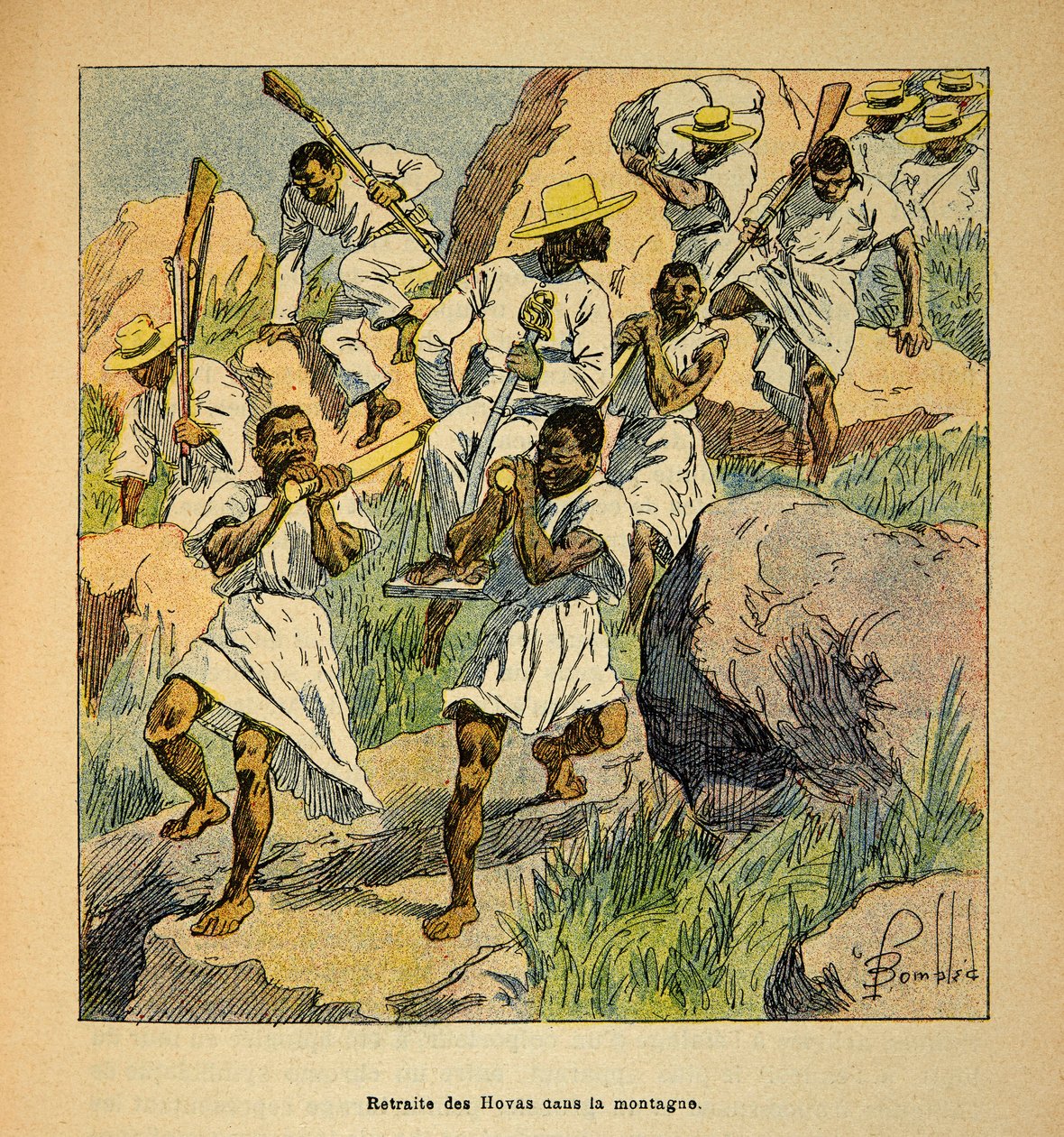 A madagaszkári háború – Az 1885-1895-ös francia expedíciók anekdotikus története, Henri Galli dit Galllichet (1854-1922), illusztrálta: Louis Bombled (1862-1927): Hovas csapatok visszavonulása a hegyekben, Magángyűjtemény alkotó: Louis Charles Bombled