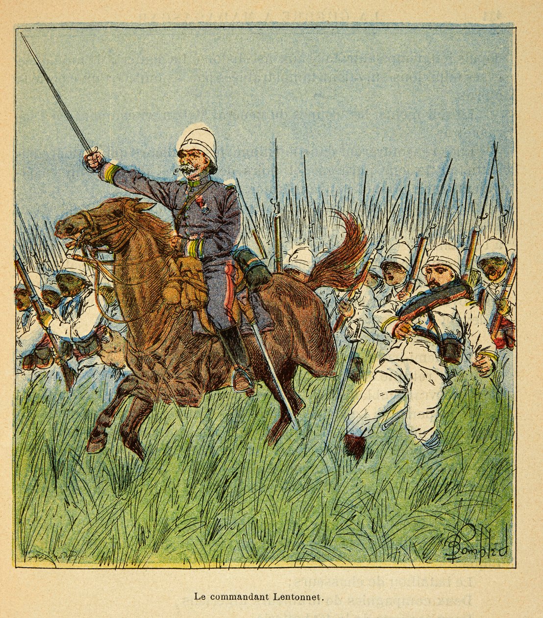 A madagaszkári háború – Az 1885-1895-ös francia expedíciók anekdotikus története, Henri Galli dit Galllichet (1854-1922), illusztrálta Louis Bombled (1862-1927): Lentonnet parancsnok (1840-1896) a francia csapatokkal a háború alatt Tsarasaotra védelme alkotó: Louis Charles Bombled