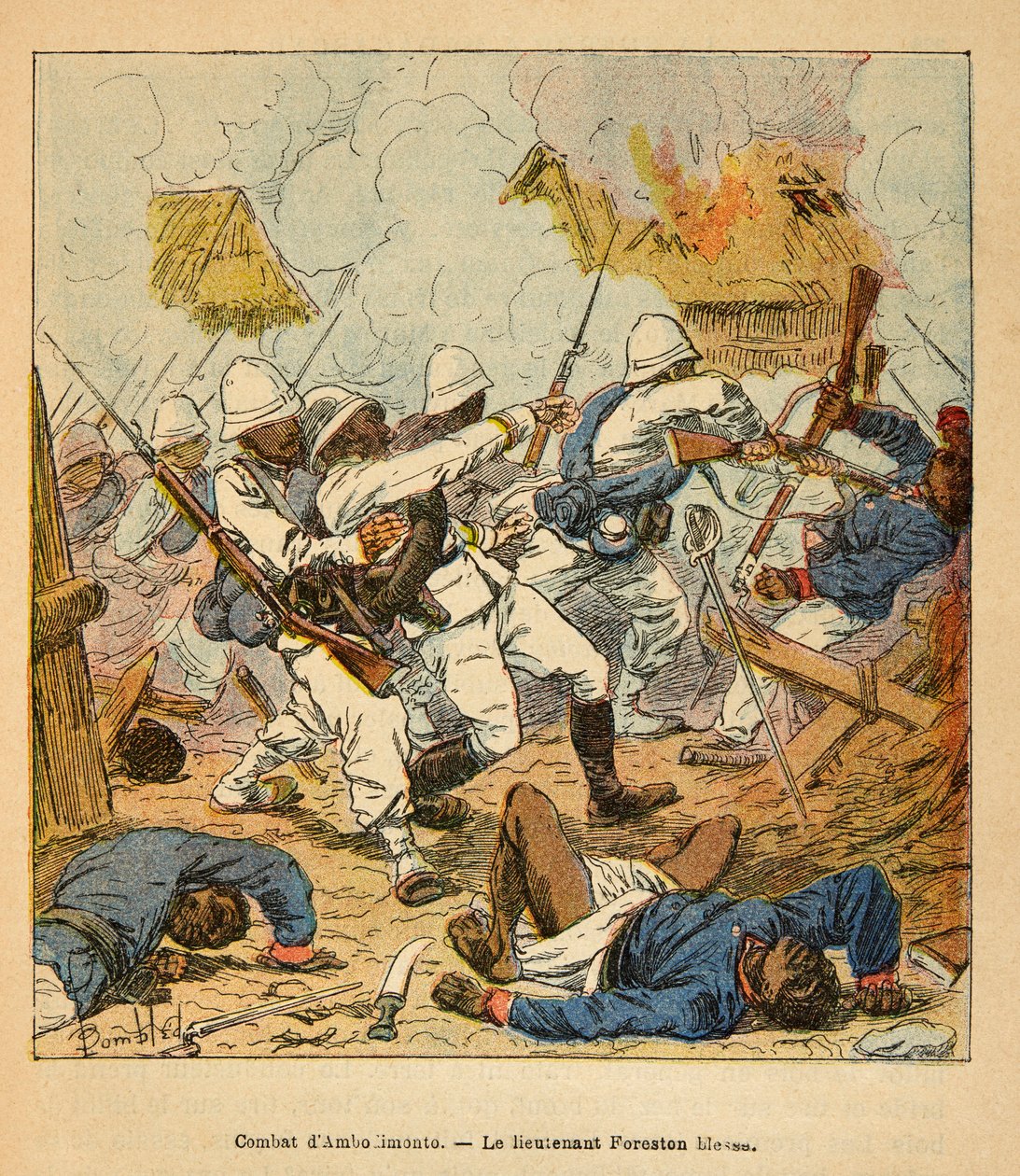 A madagaszkári háború – Az 1885-1895-ös francia expedíciók anekdotikus története, Henri Galli dit Galllichet (1854-1922), illusztrálta: Louis Bombled (1862-1927): Foreston hadnagy sebesülései az ambolomontyi csatákban 1895-ben, Magángyűjtemény alkotó: Louis Charles Bombled