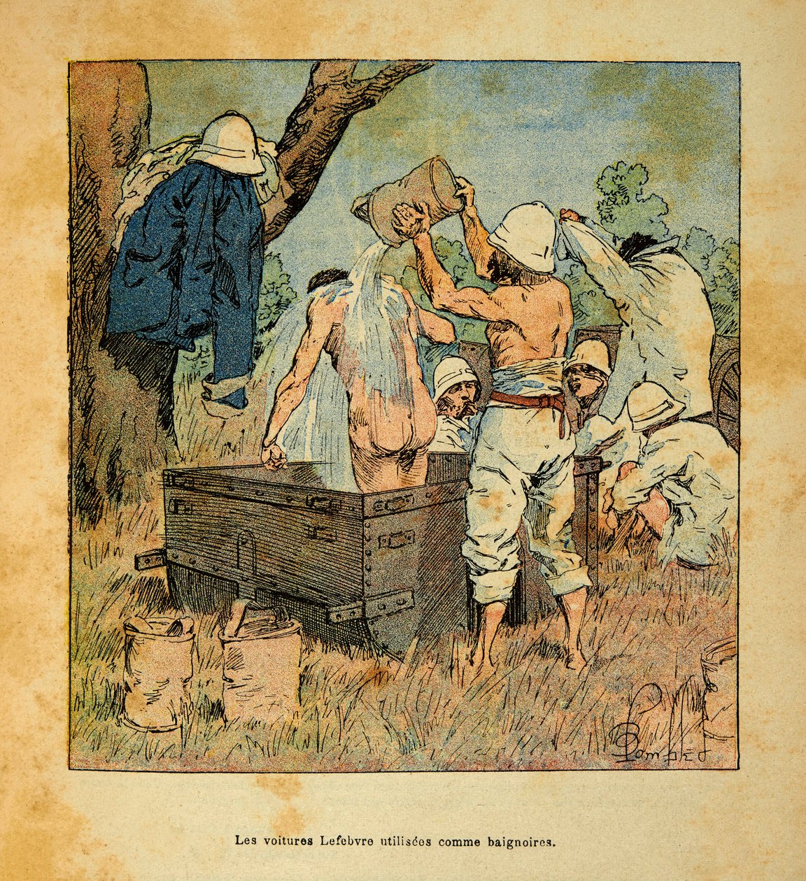 A madagaszkári háború – Az 1885-1895-ös francia expedíciók anekdotikus története, Henri Galli dit Galllichet (1854-1922), illusztrálta Louis Bombled (1862-1927): A Lefebvre autók, amelyeket a katonák fürdőkádként használtak 1895-ben Madagaszkáron, Magángyű alkotó: Louis Charles Bombled