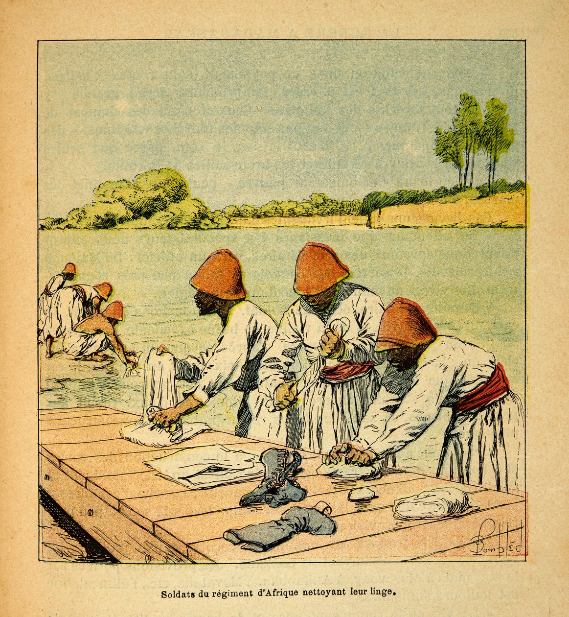 A madagaszkári háború – Az 1885–1895-ös francia expedíciók anekdotikus története, Henri Galli dit Galllichet (1854–1922), illusztrálta: Louis Bombled (1862–1927): Az afrikai ezred katonái mosodát takarítanak egy folyó partján Madagaszkán alkotó: Louis Charles Bombled