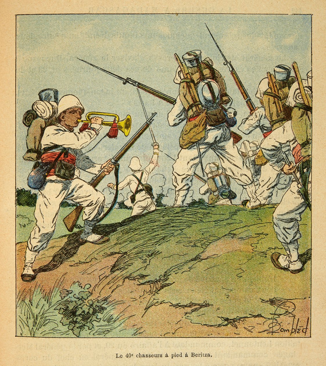 A madagaszkári háború – Az 1885-1895-ös francia expedíciók anekdotikus története, Henri Galli dit Galllichet (1854-1922), illusztrálta Louis Bombled (1862-1927): A 40. gyalogos vadászok az 1895-ös beritzai harcok során Gyűjtemény alkotó: Louis Charles Bombled